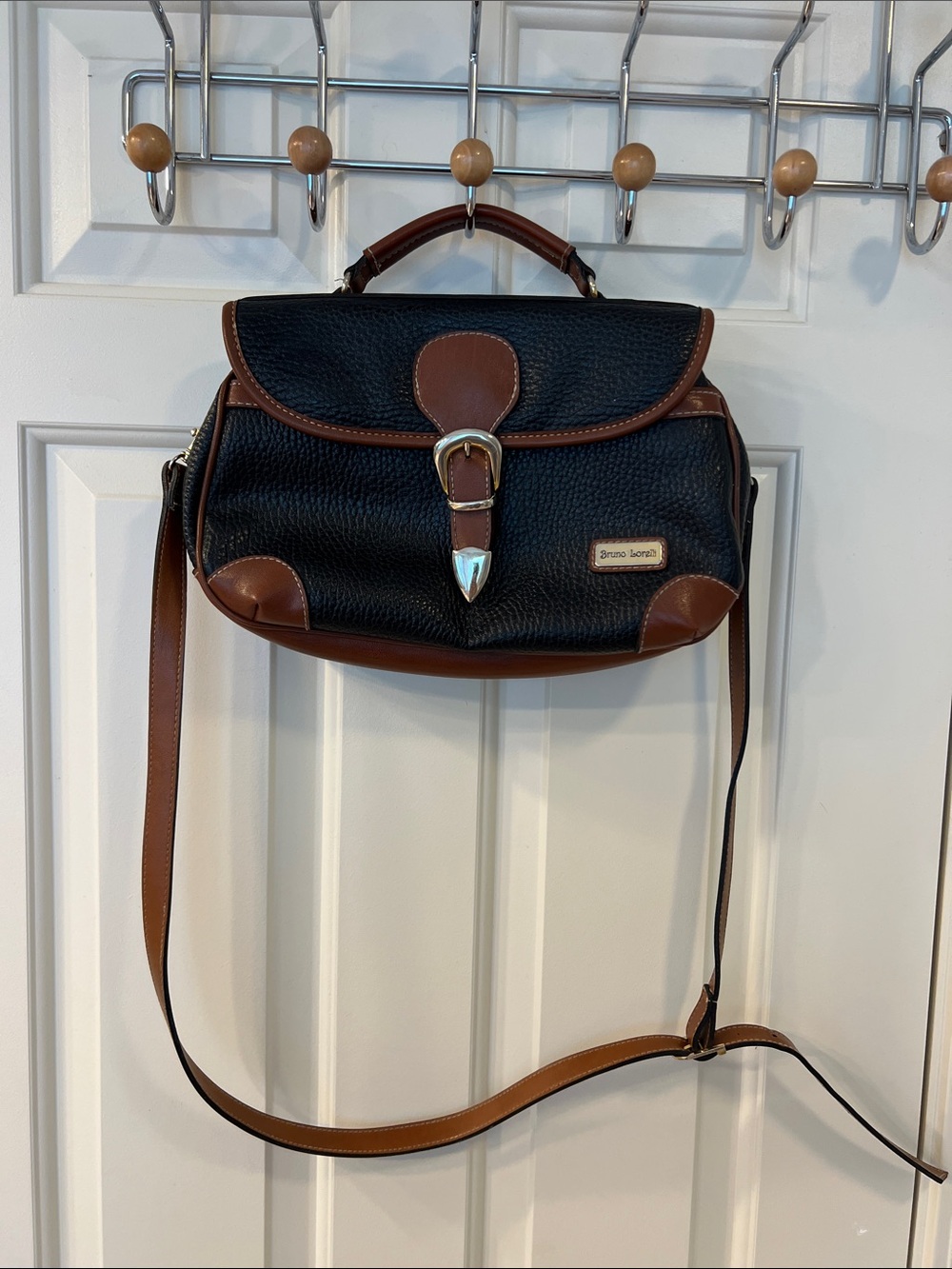 Bruno Lorelli vintage black pebble leather with brown trim crossbody Bag